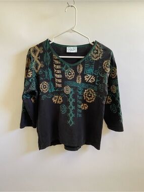 Cactus Bay Black, Teal & Gold Patterned 3/4 Sleeve Top